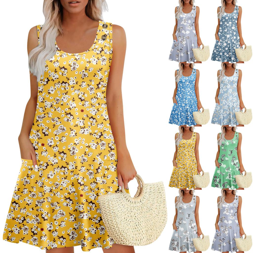Summer Dresses For Women Beach Boho Sleeveless Printing Flowy Pocket Tshirt Tank Sundresses