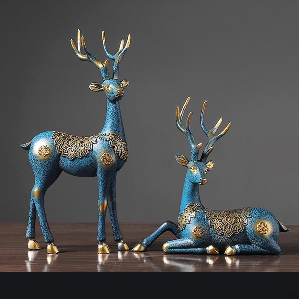 2 Deer Figurines Reindeer Sculptures Gifts Art Ornament Couple Elk Statues for Tabletop Home Decor
