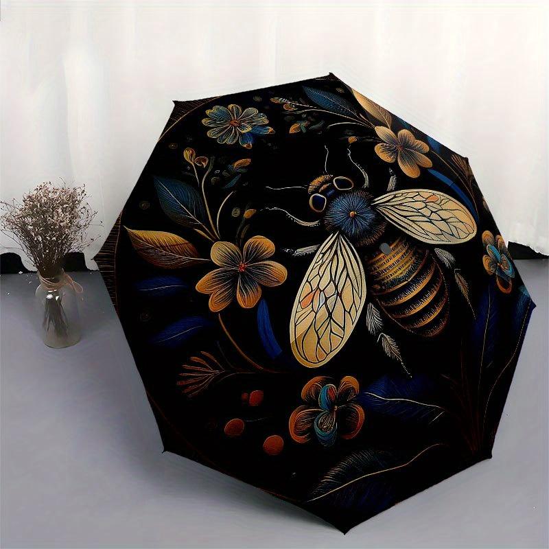 Golden Bee & Floral Circular Wall Art DecorUmbrella with Cute Design, Portable 3-Fold Compact Umbrella for Men & Women, Valentine's Day Mother's Day H
