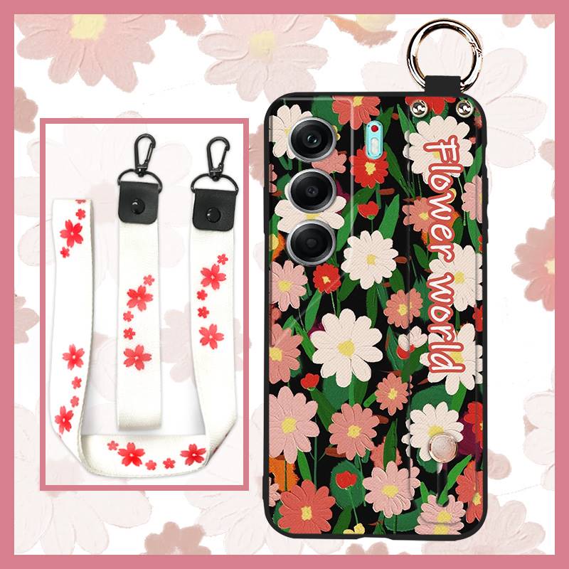 Durable Lanyard Phone Case For Tecno Camon40 Pro 4G/5G/CM6/CM7 Waterproof Back Cover Oil Painting Ring Silicone Flower