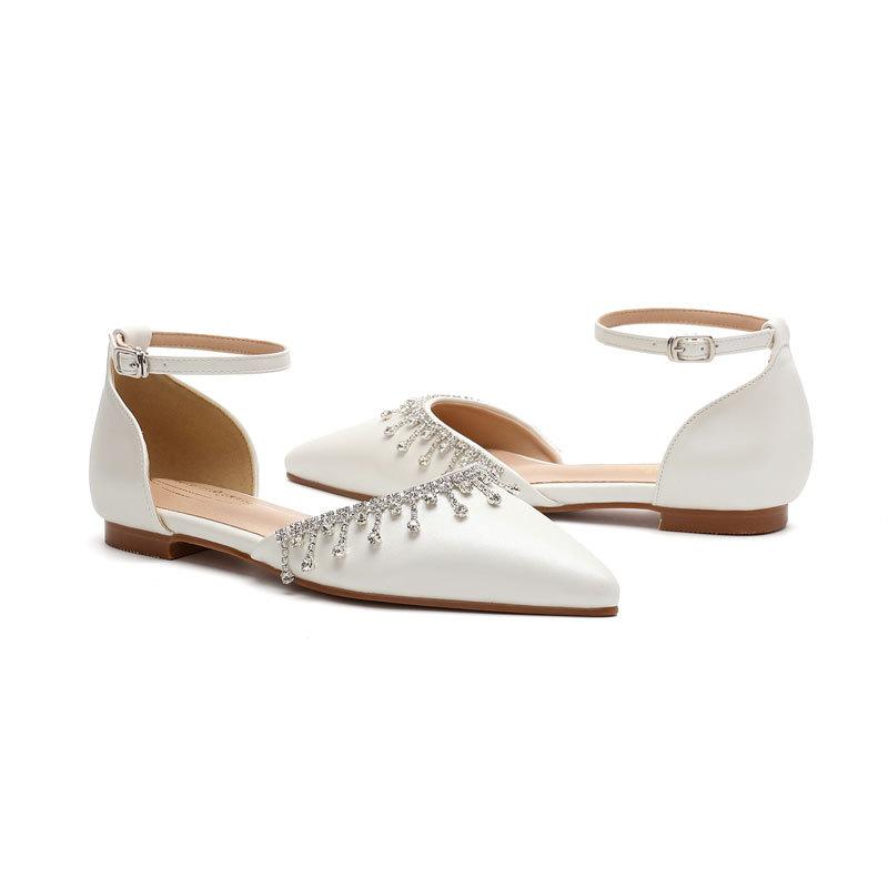 Fashion White Leather Wedding Shoes Sandals for Women Summer Bridal Flat Comfortable Strappy Tassel Chain Hollow Design