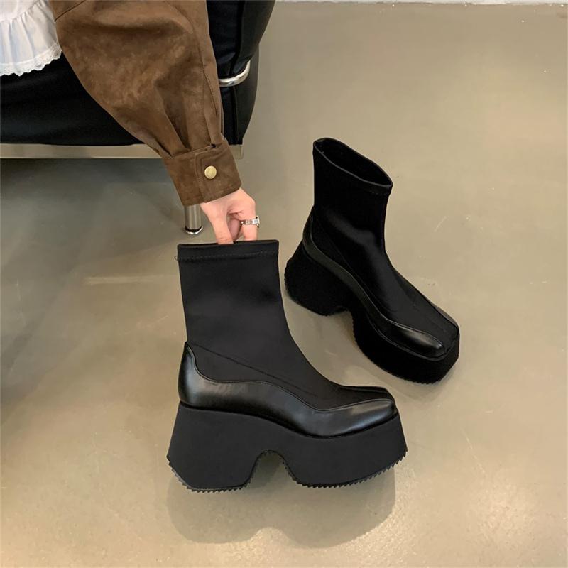 Leather Fabric Splicing Thick Soled Boots Waterproof Platform Heel Women's Knee Boots Elastic Fabric and Ankle Short Boots 35-39