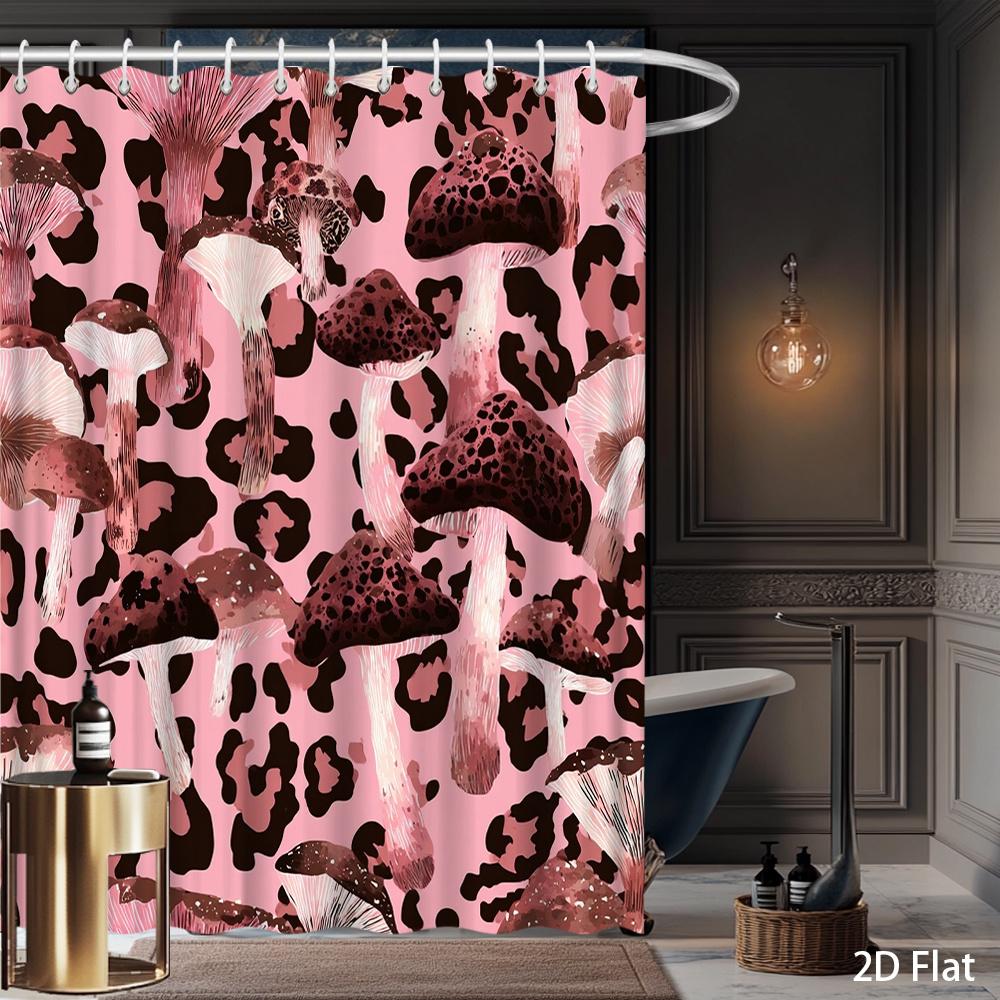 Leopard Mushroom Shower Curtain – Pink & Brown Fungi With Spotted Pattern, Whimsical Nature Art, Polyester, Includes Hooks