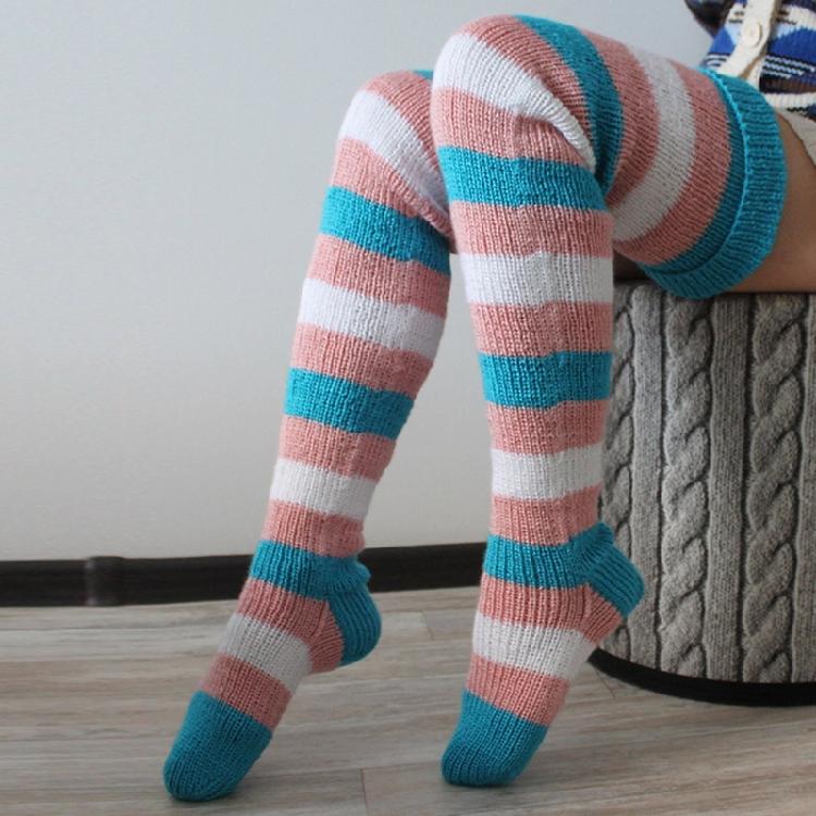 Autumn Slouch Crochet Knitting Colorful Striped Thigh High Long Socks for Women