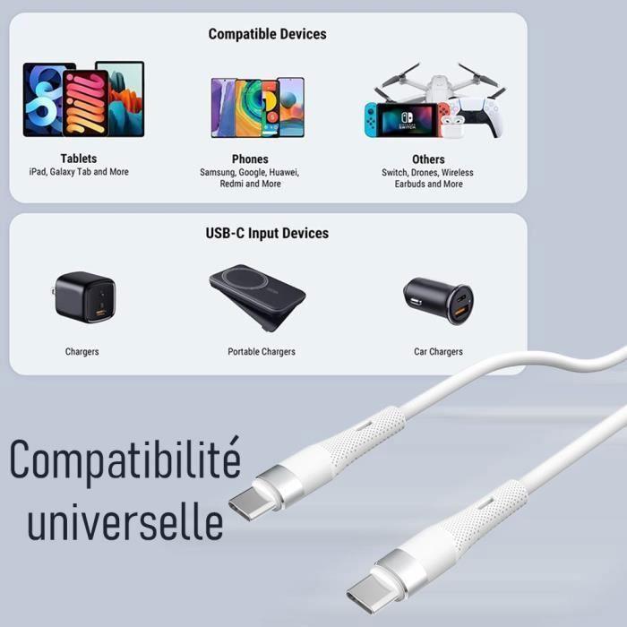 3 Câble USB-C vers USB-C Charge Rapide 60W pour Samsung Galaxy S25, S25 Plus, S25 Ultra, S24, S23, S22, S21 - 1 Mètre Blanc