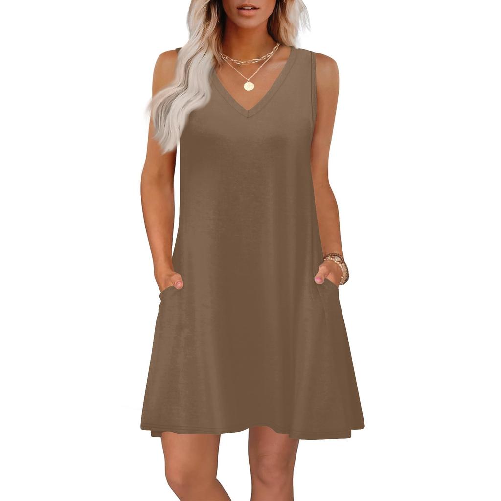 Women's Summer Dresses Loose Fit Solid Color V Neck Sleeveless Sundresses Beach Hawaiian Dress With Pockets