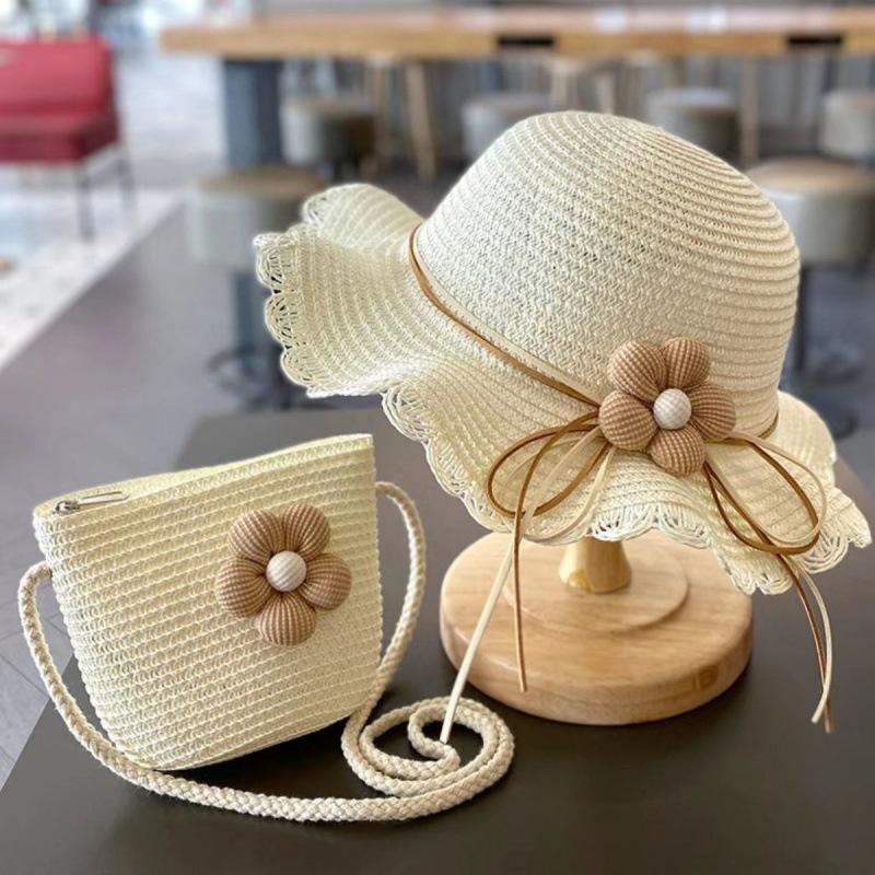 

Летняя детская шляпа из соломы с цветком и сумочками, набор из 2 предметов для маленьких девочек, солнцезащитная кепка-козырек, защита от УФ-лучей, шляпа панама, gorras kids(52-54cm)