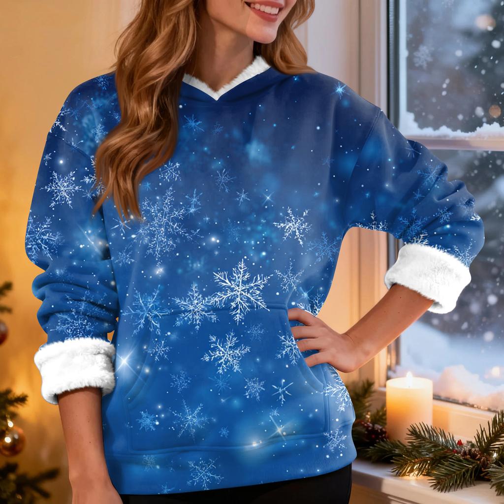 Dame Casual Mote Pluss Fløyel Fortykket Juleprint Hettegenser