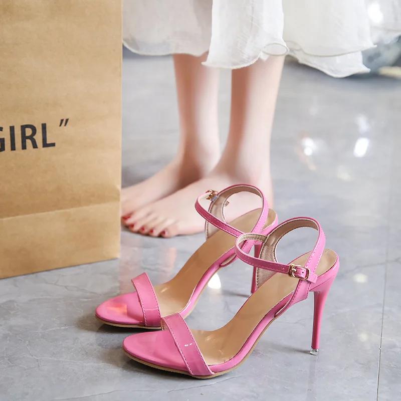 fashion Large Size High-heeled Pink Sandals for Women Summer Fish Mouth Stiletto Buckle One-word Strap Open Toe Sandals