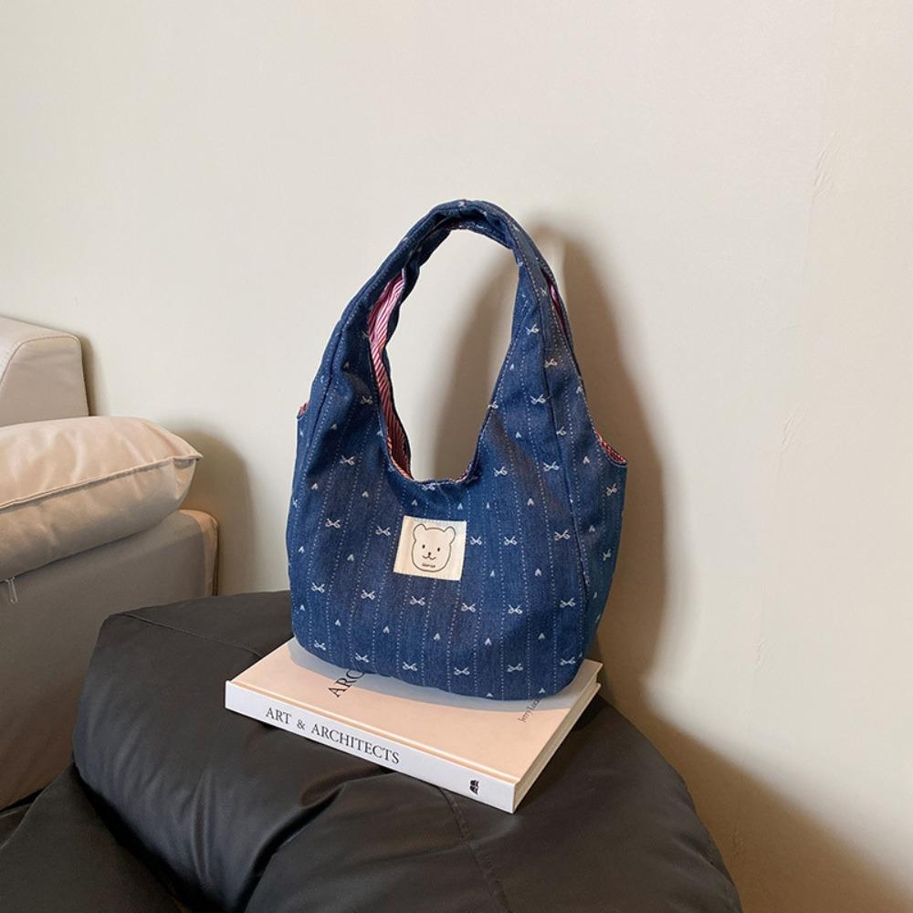 

Сумка-ведро из денима с бантом, милая милая сумка на запястье, очаровательная джинсовая сумка с бантом, уличная одежда синий