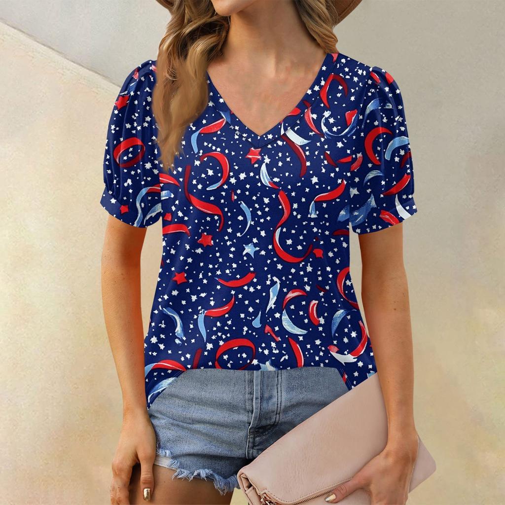 Women's Fashion Independence Day Print Top Puff Short Sleeve V-neck T-shirt Loose Casual T-shirt