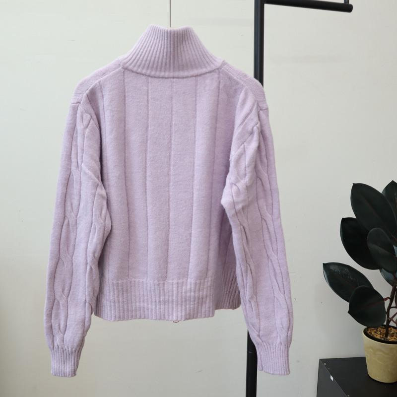 Autumn Winter Stand Collar Fried Dough Twist Zipper Knitting Coat Women Casual Fashion Cardigan Sweater Top