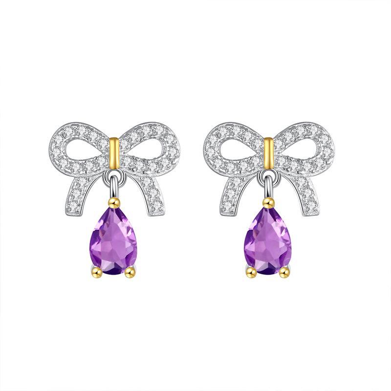

S925 sterling silver sweet cool wind natural crystal stone smart stud earrings bow simple temperament love earrings earrings women s jewelry gift 925 silver