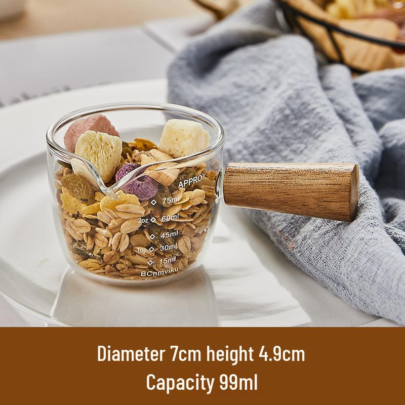 Glass Espresso Bean Measuring Cup with Double Spout, Wooden Handle, and Small Milk Jug