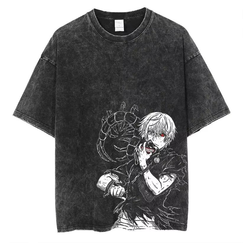 Women's Washed Tokyo Ghoul Ken Kaneki Vintage Washed T-Shirt Sweatshirt Crew Neck Anime Shirt for Fans Clothing Top