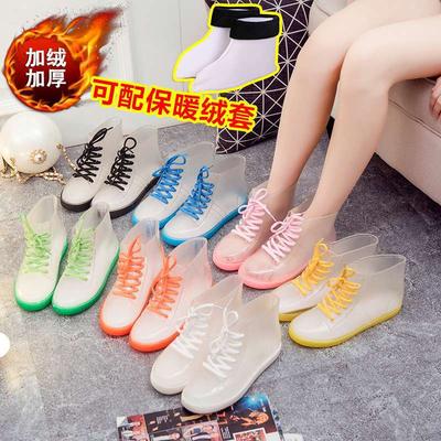 Jelly Transparent Non-slip Fashion Waterproof Shoes Rain Shoes Rain Boots Rubber Shoes Overshoes Velvet Cotton Water Boots Women's Short Tube Adult Su