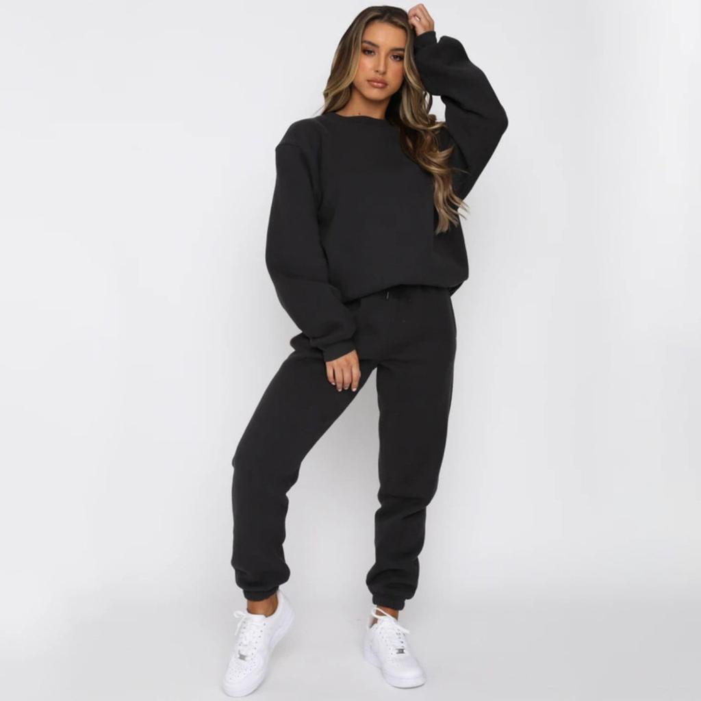Europe, America, autumn and winter solid color round neck pullover trousers women's clothing, fashionable casual long-sleeved sweater set, spot