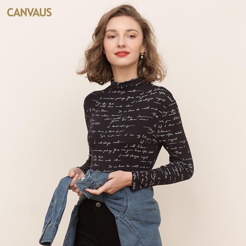 European Women's New High-neck Slim Bottoming Shirt Women Printing Long-sleeved Korean T-shirt Top Women