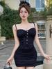 9823 Sexy Waist-Cinching Slimming Camisole Dress with Low-Cut Mesh Splice and Irregular Tight Bodycon Mini Skirt