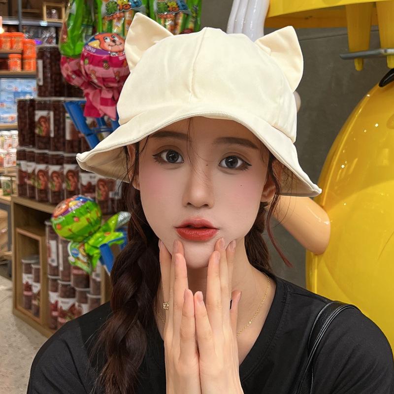Cute cat ears bucket hat female spring and summer versatile cute girl ins sunshade sunscreen solid color dome basin hat tide