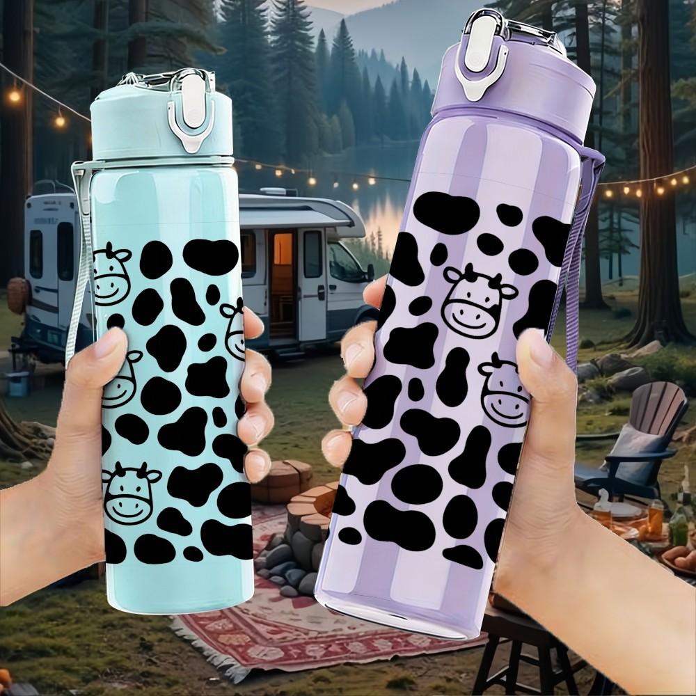 1PC Black White Cow Head Pattern 750ml Color Plastic Sports Water Bottle Leakproof Flip Straw Lid Suitable for Sports Office Home Use