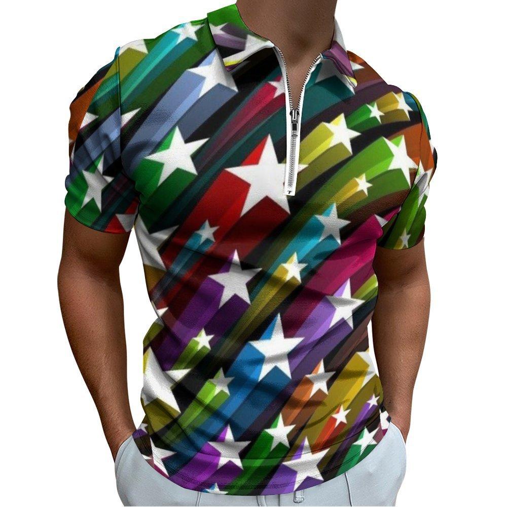 Star Print Half-zip Short Sleeve Polo Shirt, Trendy Casual Fashion Top