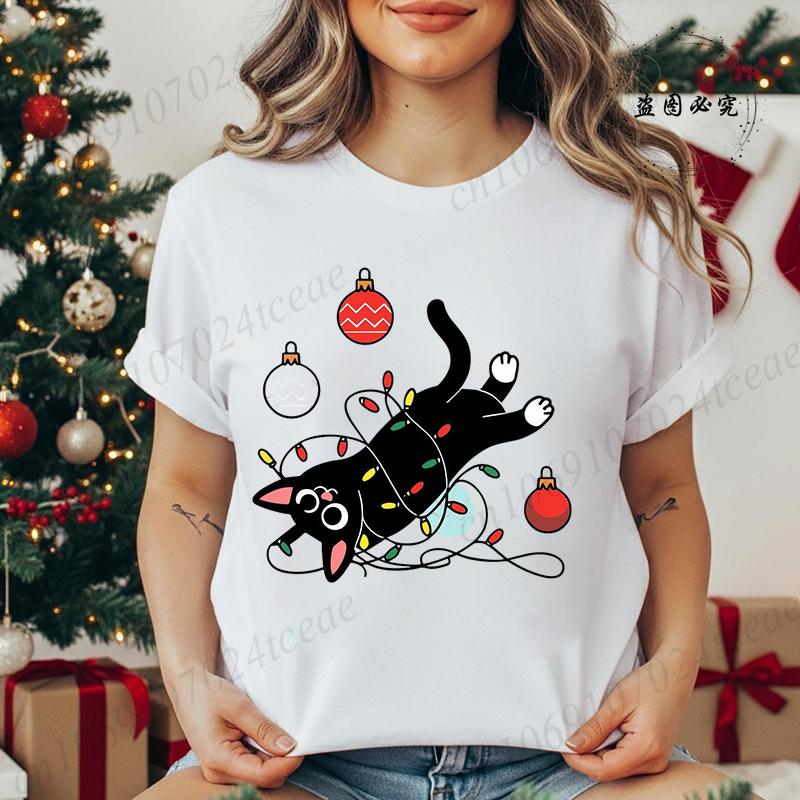 Kitten Xmas Tree Unisexs Casual TShirt Black Cat Christmas Graphic Print TShirts Tops Meowy Xmas Lights Novelty TShirt Tops