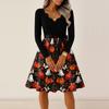Abito da Donna Casual con Scollo a V e Maniche Lunghe per Halloween Stile Retrò Vintage con Stampa Zucca Fantasma Abito Svasato Midi con Cintura in Vita