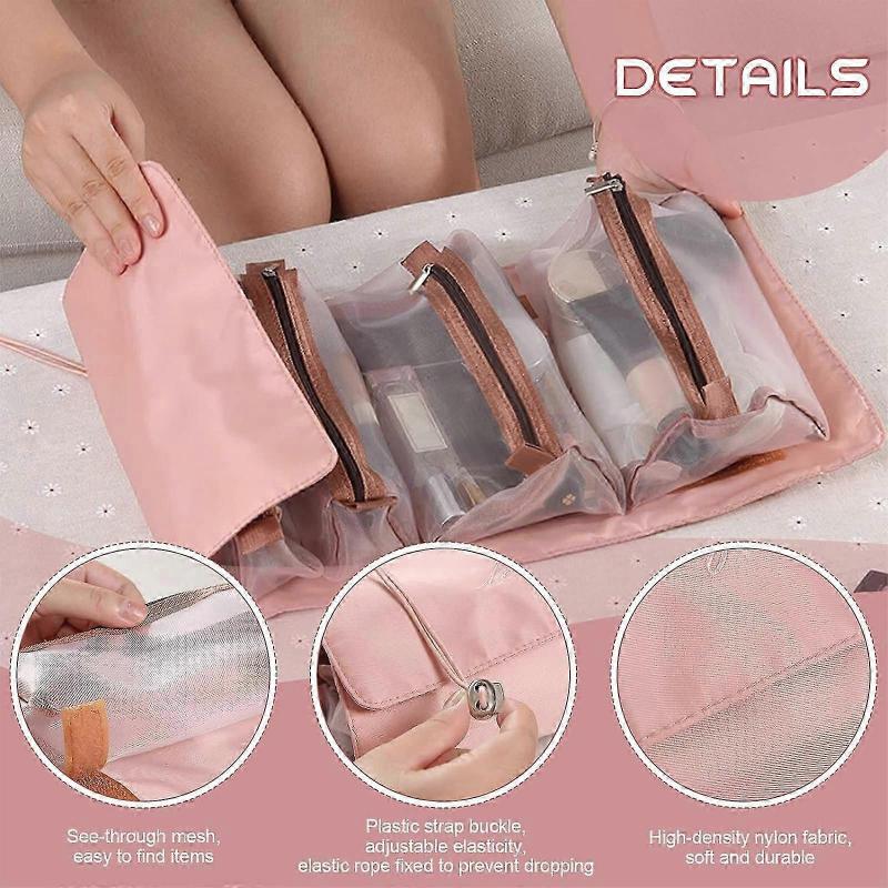 Detachable Makeup Bag, 4 In 1 Portable Cosmetic Bag with Large Capacity Waterproof and Breathable, Hanging Roll Up Travel Toiletry Bag