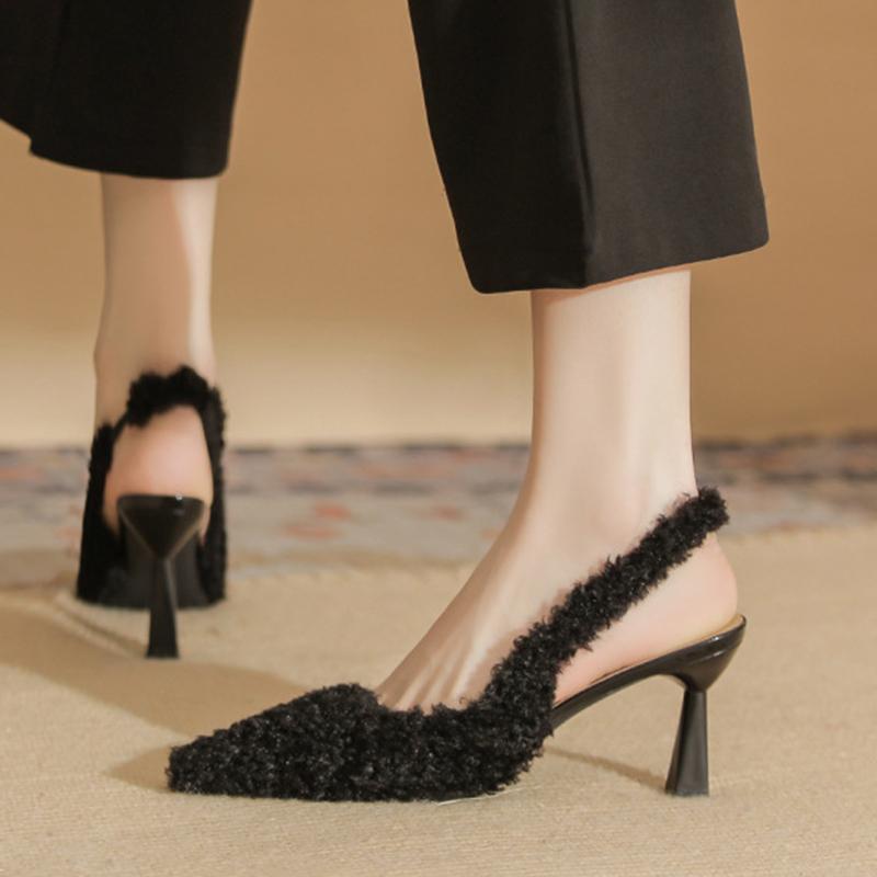 Fashion Women Pumps Shoes Pointed Head High Heel Fur Shoes Women Black Apricot Sexy Autumn Winter Hollow Back Thick Heeled Single Shoe