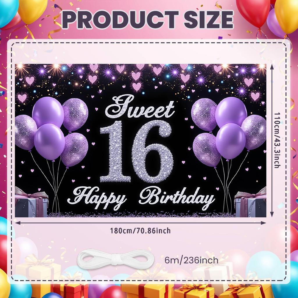16th Birthday Display Heart Accent Sweet 16 Banner Backdrop Golden Number Sweet Celebration Display For Photo Backdrop Birthday