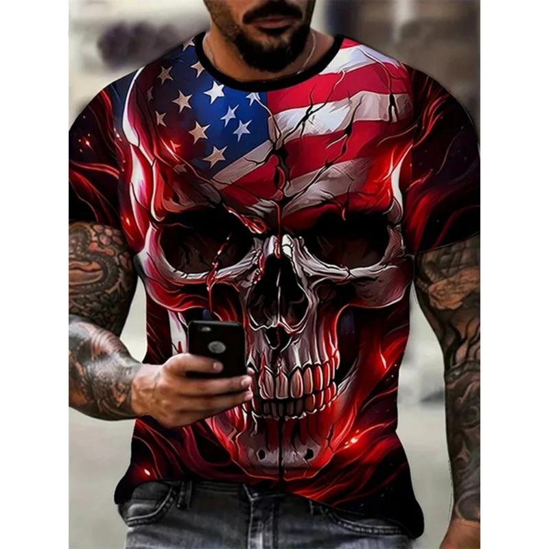 New Men's Horror Skull 3D Printed Print Retro Round Neck Short Sleeved Fashionable  T-shirt