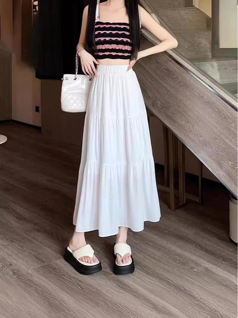 Women's High-Waist Drape Pleated A-Line Skirt - White Korean Style Midi with Hip-Covering Swing
