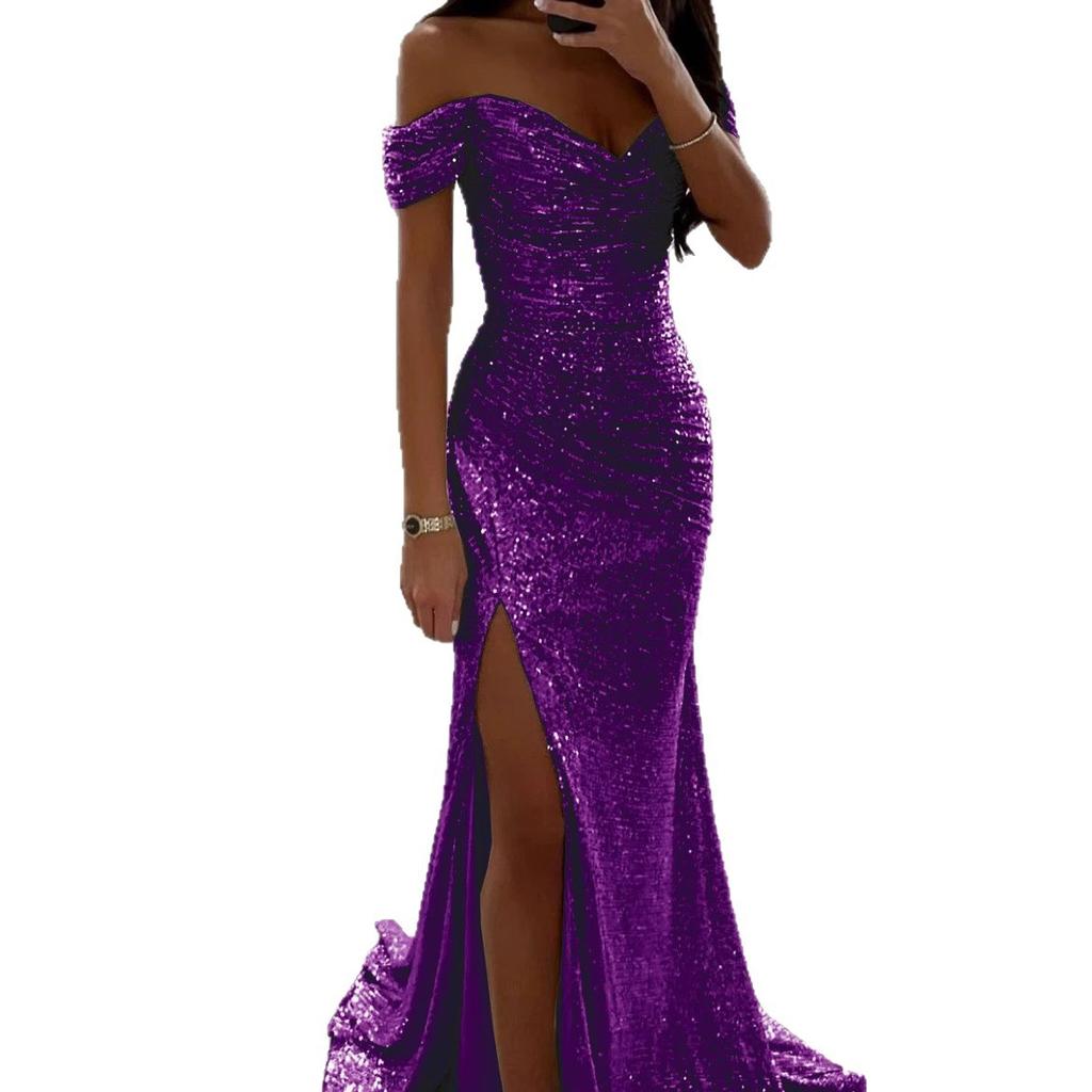 Womens Dresses New Party Sequin One Line Neckline Slit Dress Casual Fashion Dress for Women