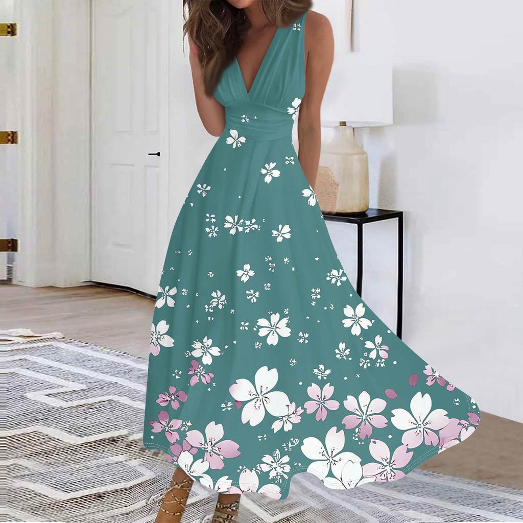 Women's Fashion Casual Loose V-Neck Sleeveless Printed Dresses
