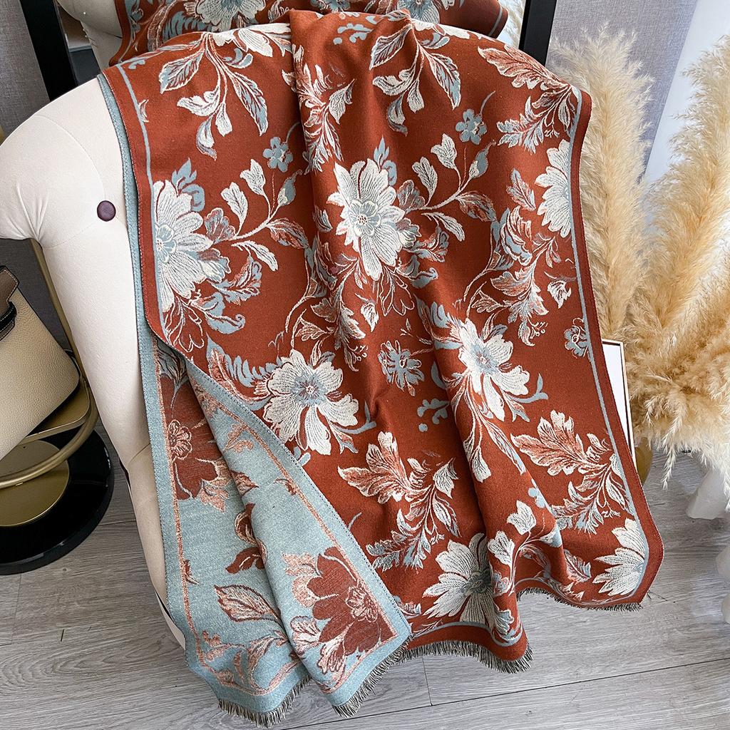 Ethnic Style Flower Imitation Cashmere Scarf Women'S Winter Thickened Double-Sided Air Conditioner Shawl Scarf