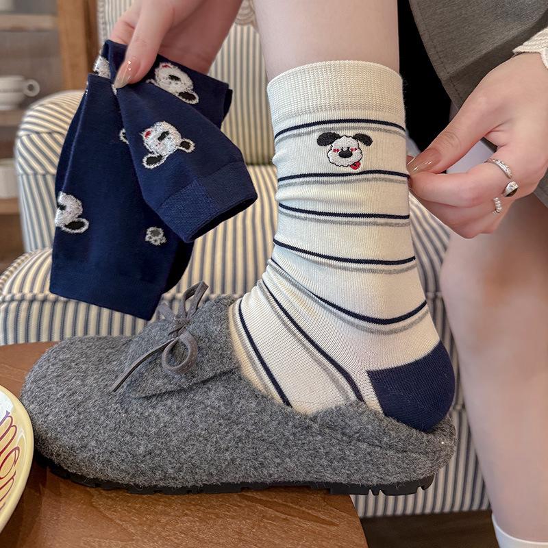 Female Spring and Autumn Cloth Logo Cute Cartoon Puppy Striped Curled College Wind Tube Pile Socks