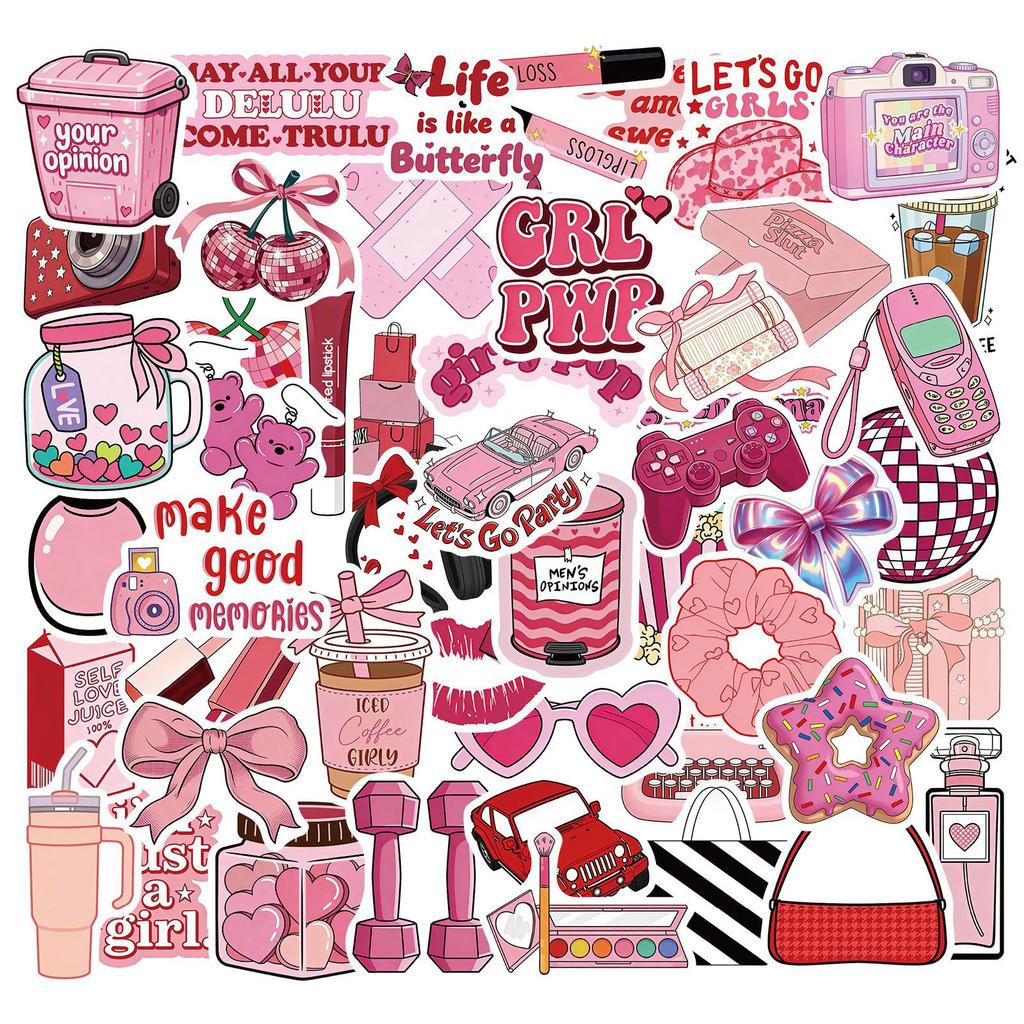 50 Sheets of Pink Aesthetic Sticker Notebooks, Water Cups, and Handbooks Stickers