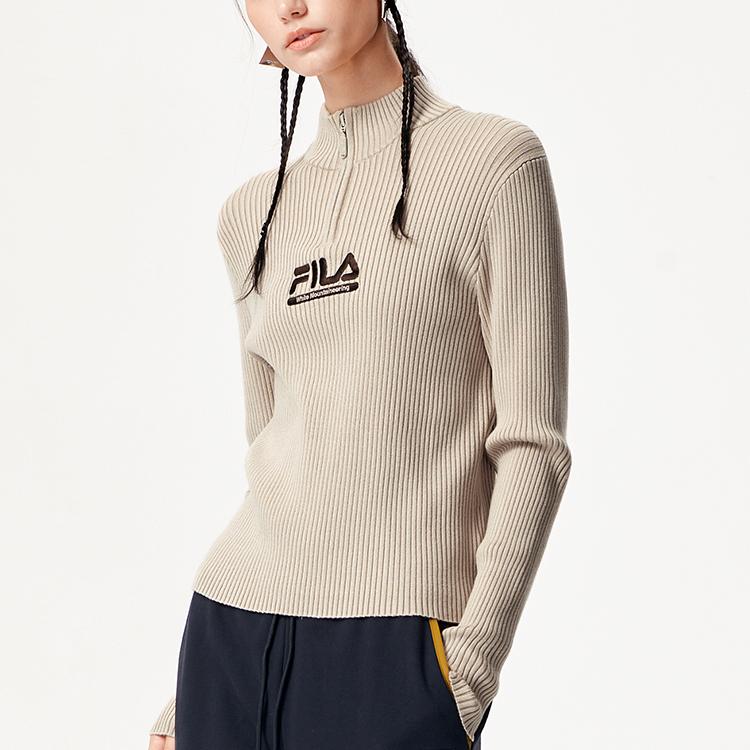 FILA Fusion X White Mountaineering Crossover Casual Knit Breathable Stand Collar Cardigan Fitted Sweater Jacket Women outerwear Beige T11W147401F-LK