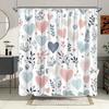 Aquarell Duschdraperi med Hjärtan - Rosa, Blå & Beige Hjärtan med Stiliserade Löv på Vitt, Slitstark Polyester