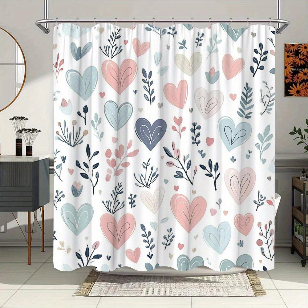 Akvarelový závěs do sprchy se srdíčky - Růžová, modrá a béžová srdíčka se stylizovanými listy na bílém pozadí, odolný polyester