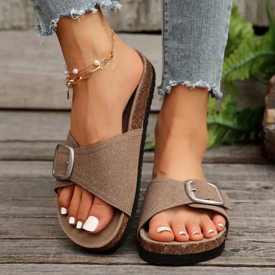 Zapatos de Moda para Mujer 2024 Verano Más Vendidos Moda Puntera Abierta Color Sólido Tacón Medio Suela Plana Hebilla Romanas Zapatillas de Playa para Mujer