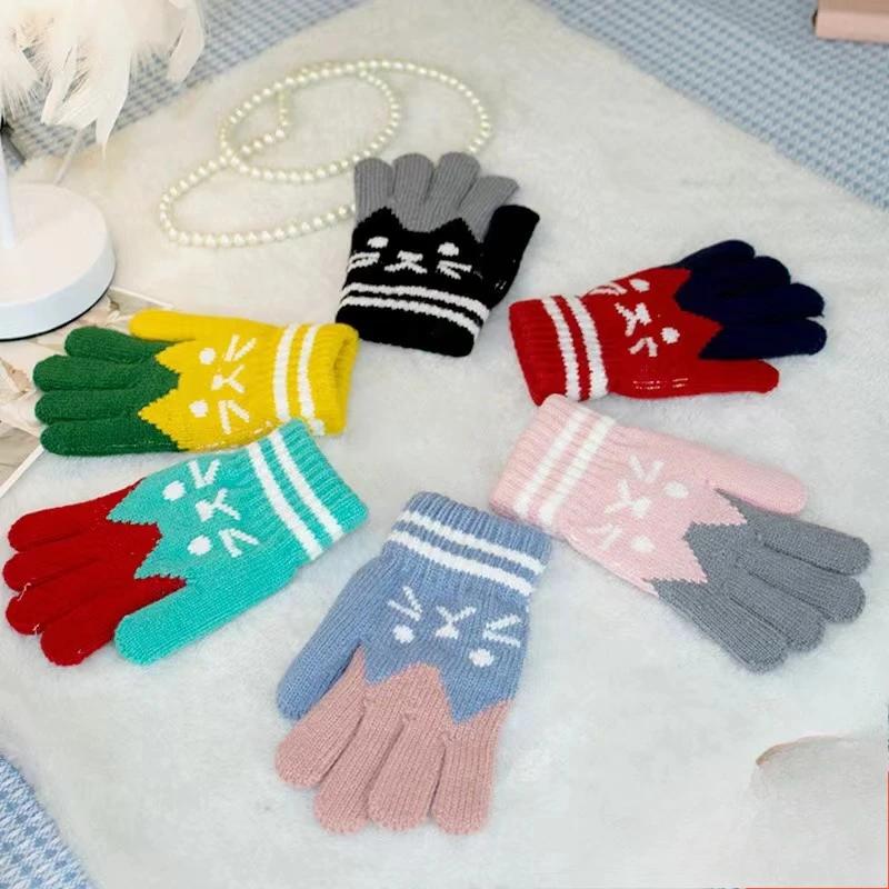 Winter Knitted Children's Gloves 4-10 Years Warm Soft Wool Cartoon Cat Kids Gloves Unisex Boys Girls Full Finger Mittens