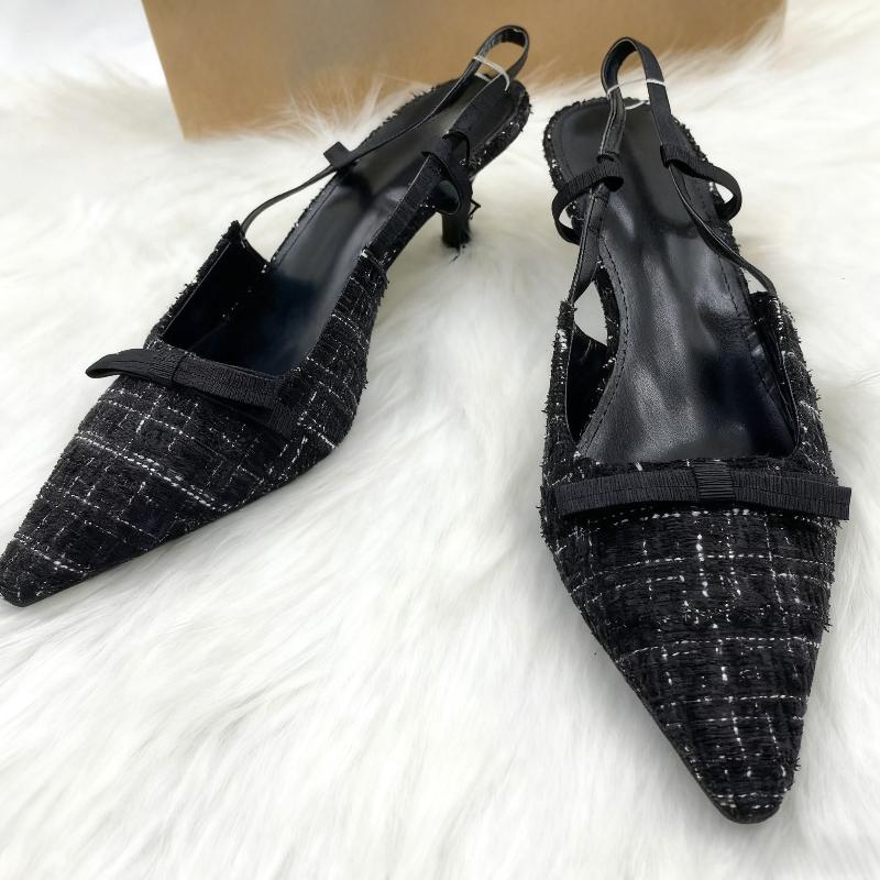 Fashion Bow Decorative High Heels Women High Quality Thick Tweed Slingback Kitten Heel Designer Shoes Elegant Banquet Dress Shoe