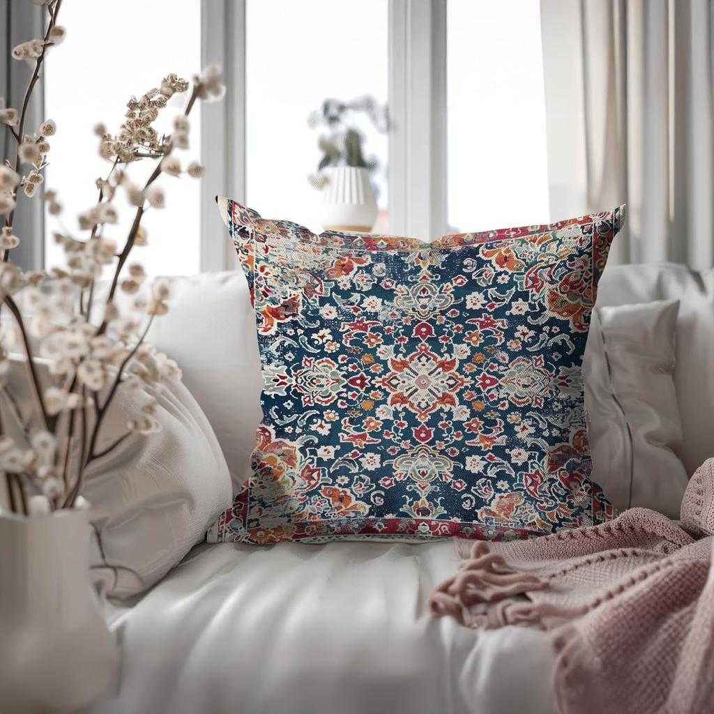 Vintage Boho Floral Print Throw Pillow Cover 18x18 - Orange, Blue, Teal - Retro Rust Floral Decor Pillowcase | Indoor Outdoor Cushion Case for Sofa