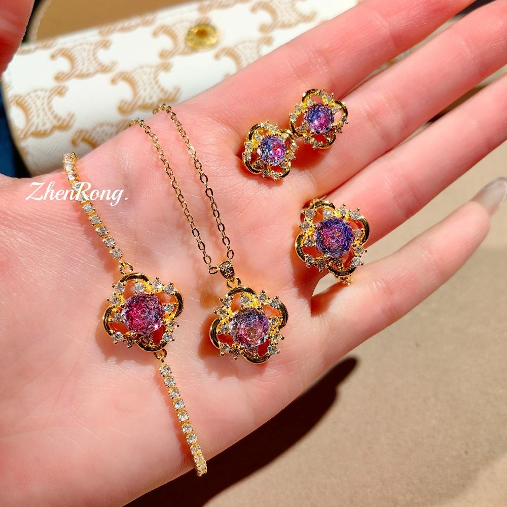 

Women Jewelry Set Chinese Style Rose Cut Octagon Necklace Pink Diamond Ring Paraiba Earrings Gemstone Bracelet