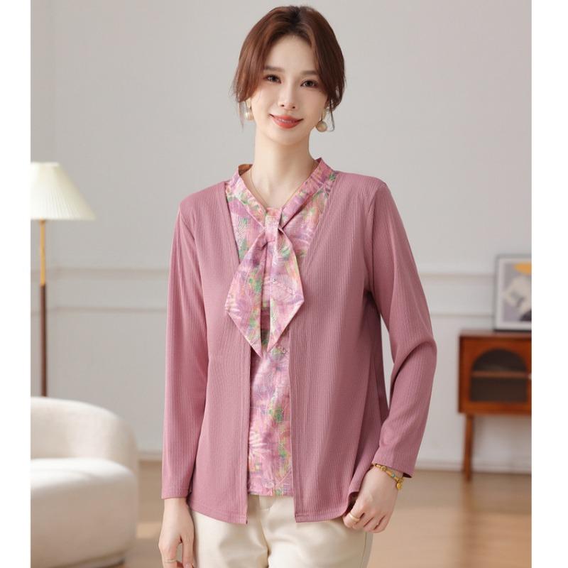 

Мама весенний топ мода фейк двойка мода одежда для женщин лет 50 весна и осень вязаная базовая рубашка 5XL розовый