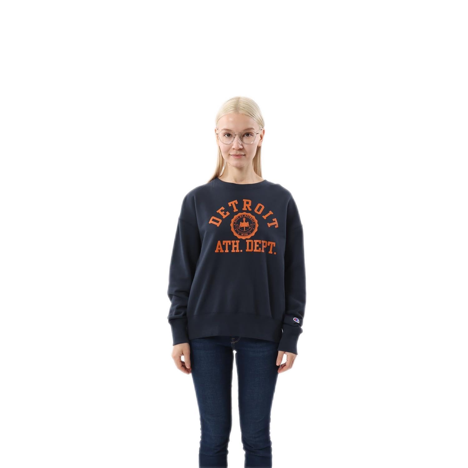 

Свитшот с длинным рукавом и круглым вырезом из ХЛОПКА США с графическим принтом, базовый темно-синий [Champion] женский CW-Y017 тёмно-синий