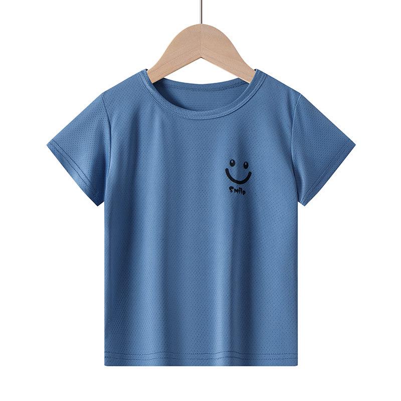 Children's Short Sleeve Ice Silk T-shirt with Smiley Face Design - Breathable Mesh for Boys & Girls, Perfect Summer Base Layer