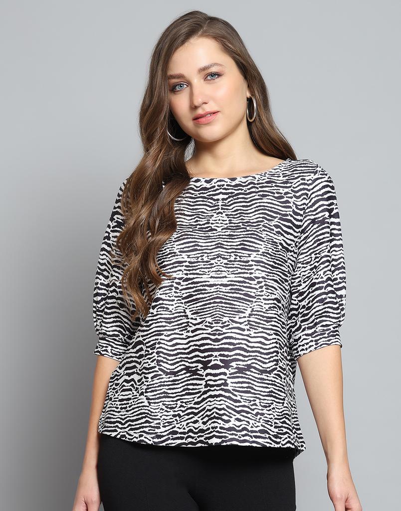 MONTE CARLO Womens Printed Black & White Round Neck 3/4 Sleeve Top
